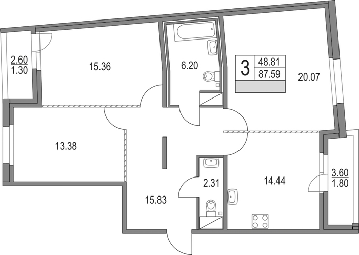 3-комнатная квартира 87.59 м², 5/16 эт., ЖК «Приморский квартал»